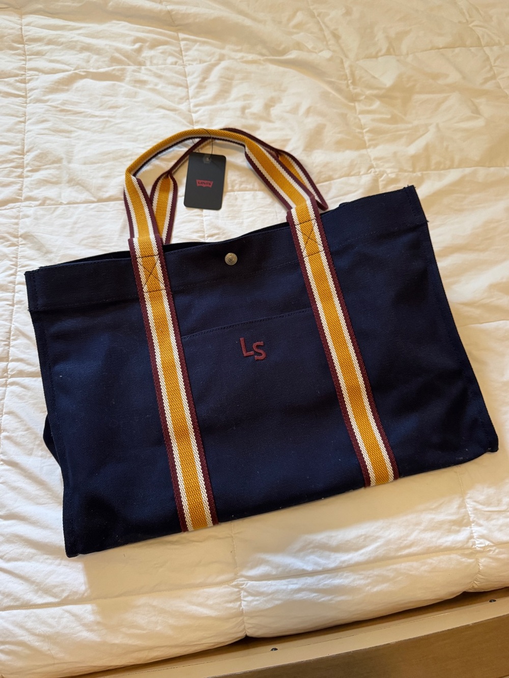 Levi's Navy Canvas Tote with Gold and Maroon Striped Handles